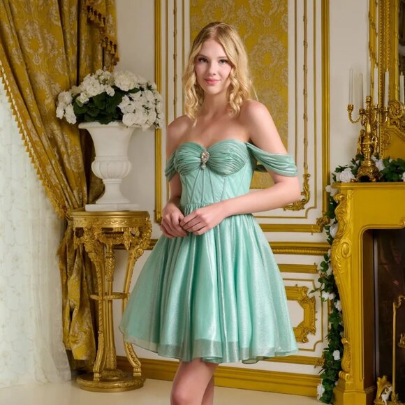 New A-Line Off Shoulder Formal Dress w/ Lace Up Back & Brooch Accent GL GS3633 - Picture 3 of 8